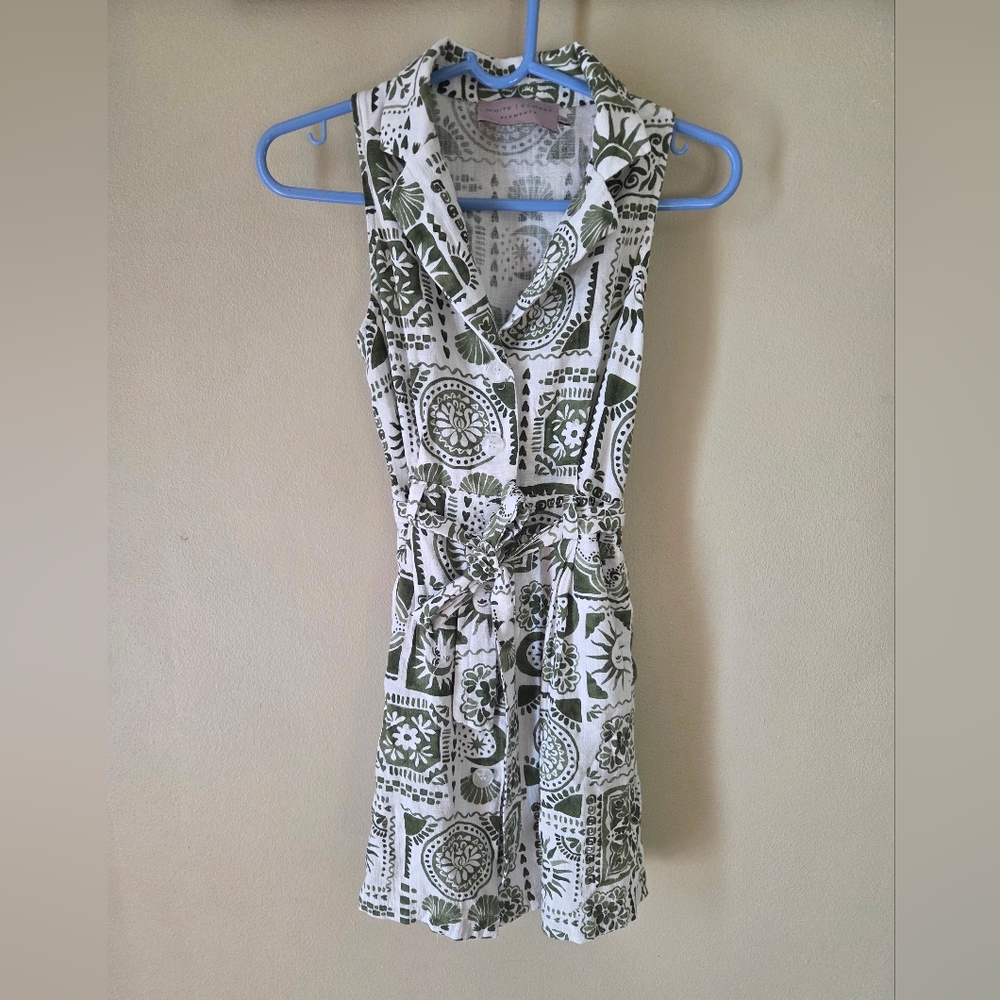 White Closet Elements Dress Womens Extra Small Beige & Green Button Up Tie Waist